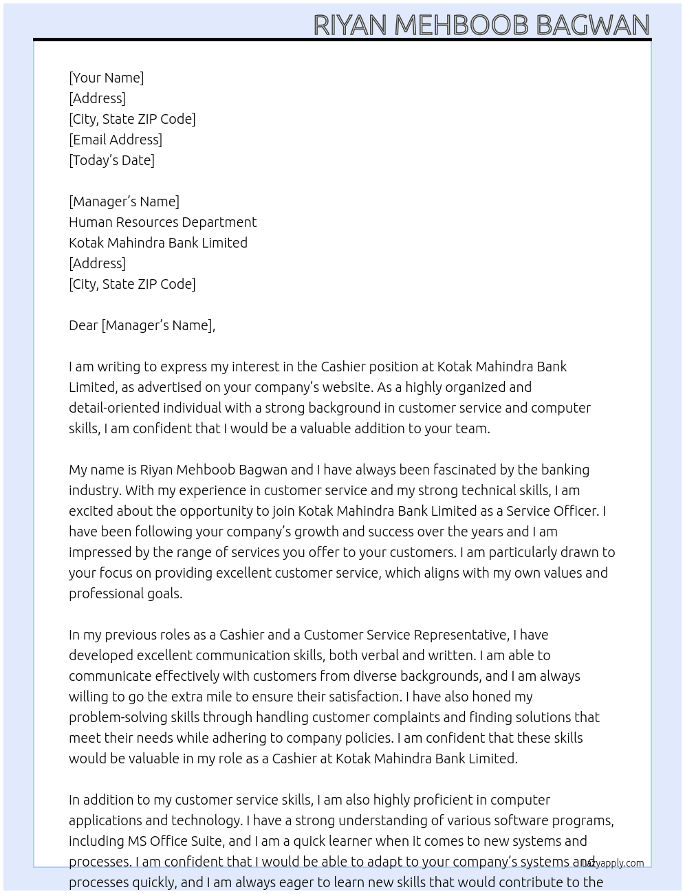 Cashier  At Kotak Mahindra Bank limited  Cover Letter