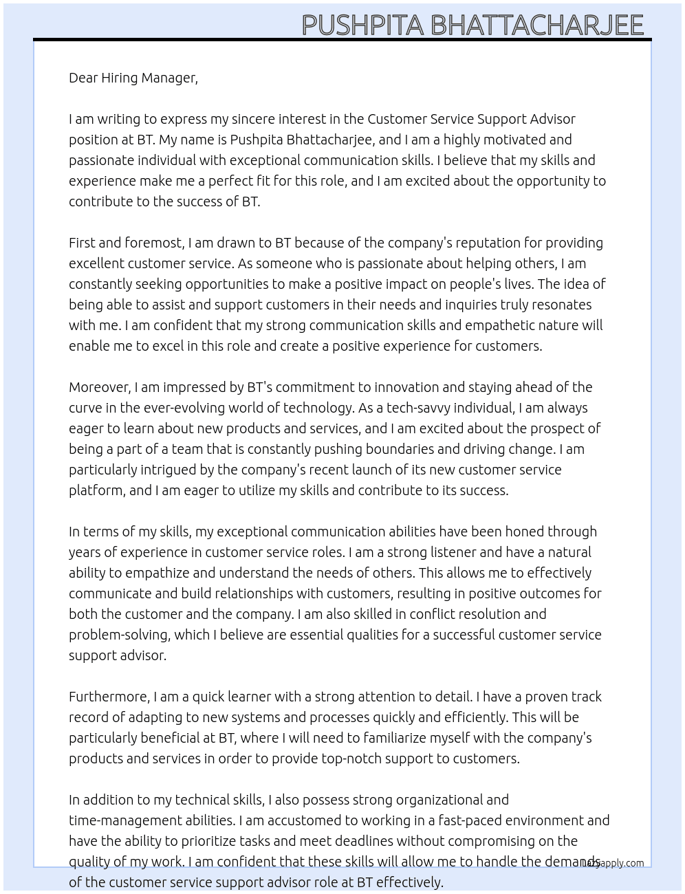 Customer service support sdvisor At BT Cover Letter