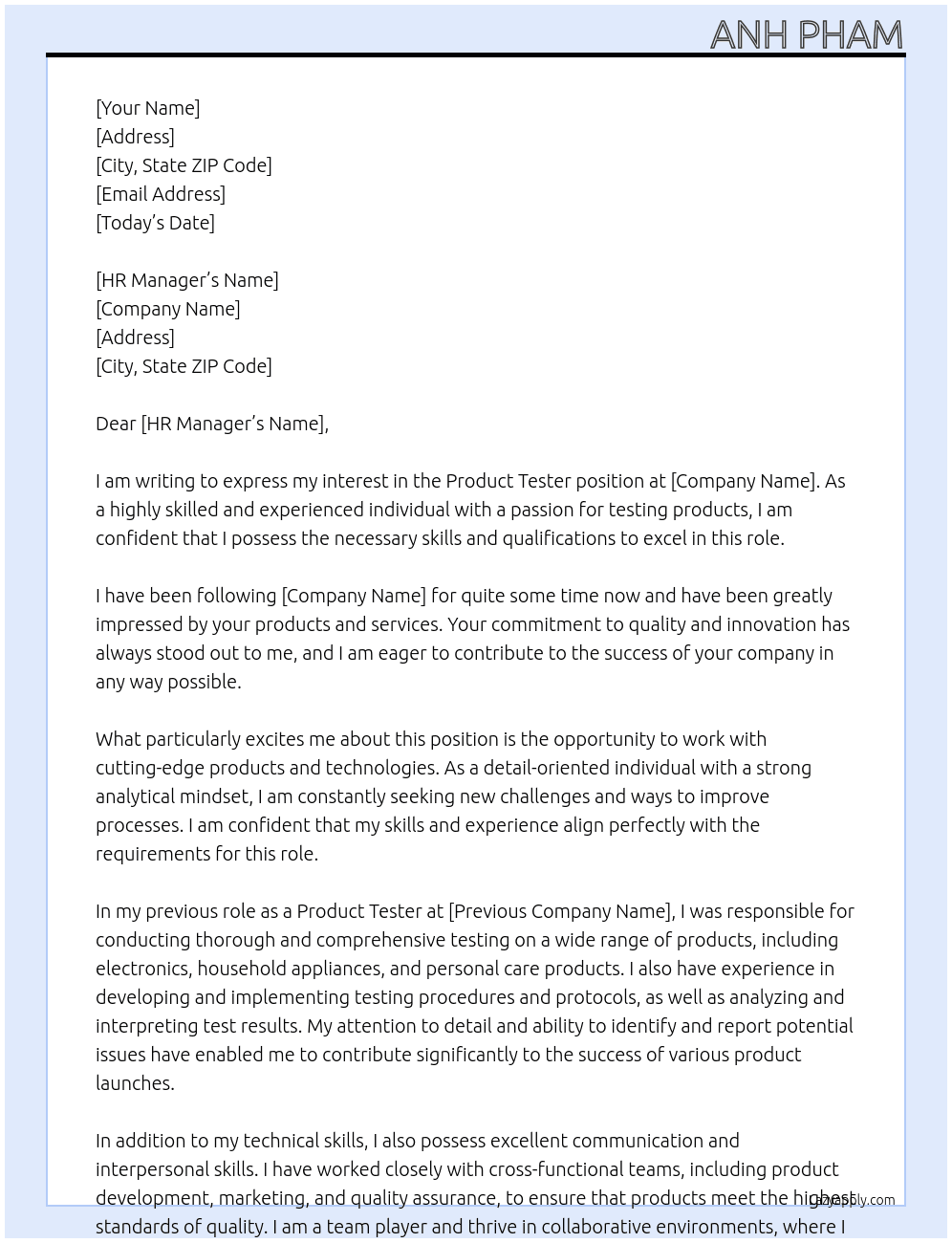 Product tester At private job Cover Letter