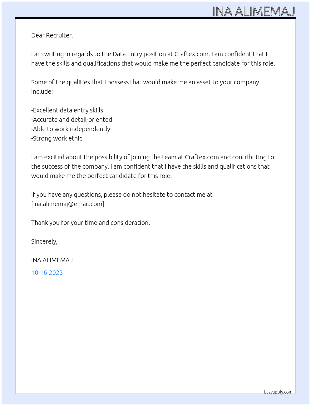 Data Entry At Craftexcom Cover Letter