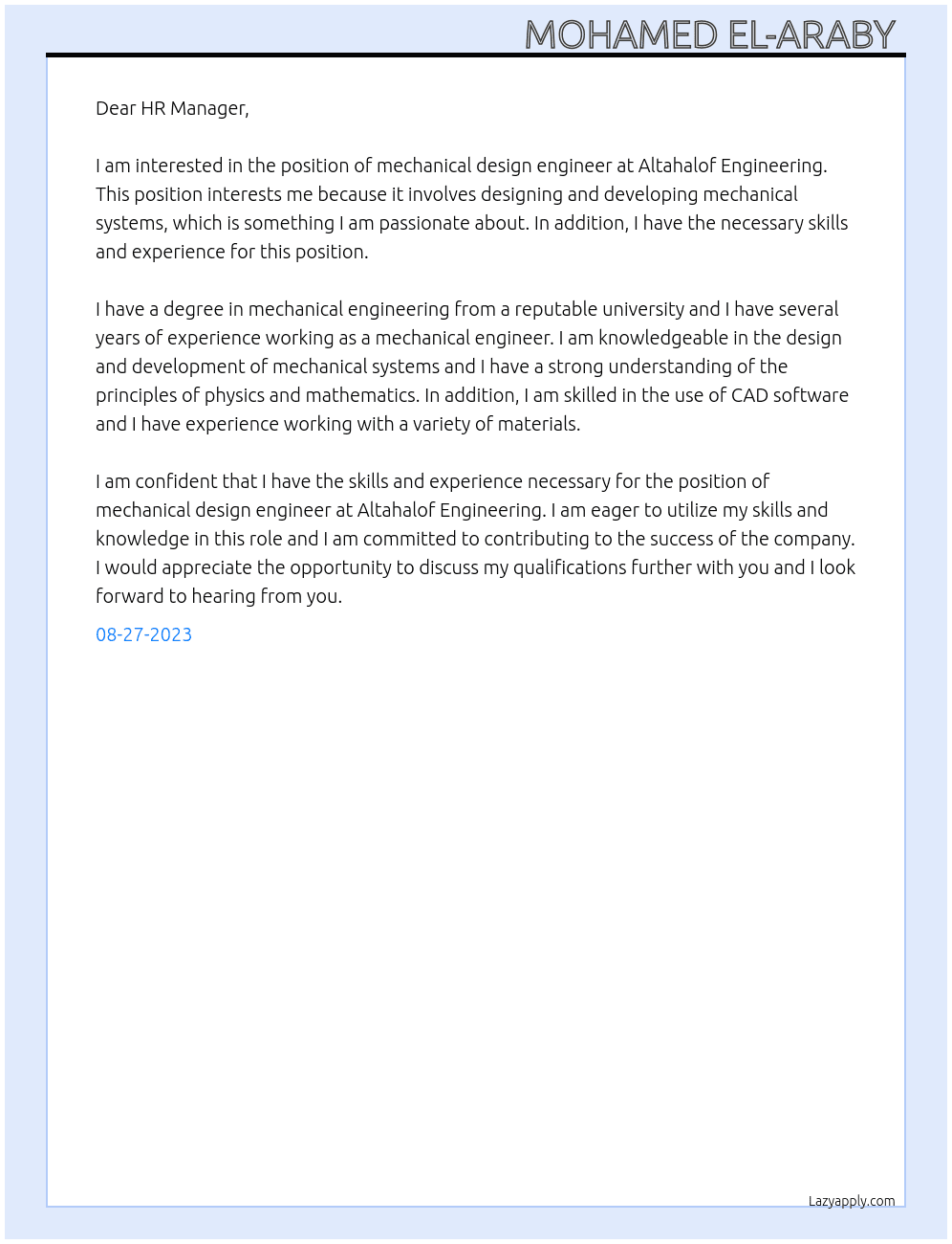 Mechanical design engineer At Altahalof Engineering  Cover Letter