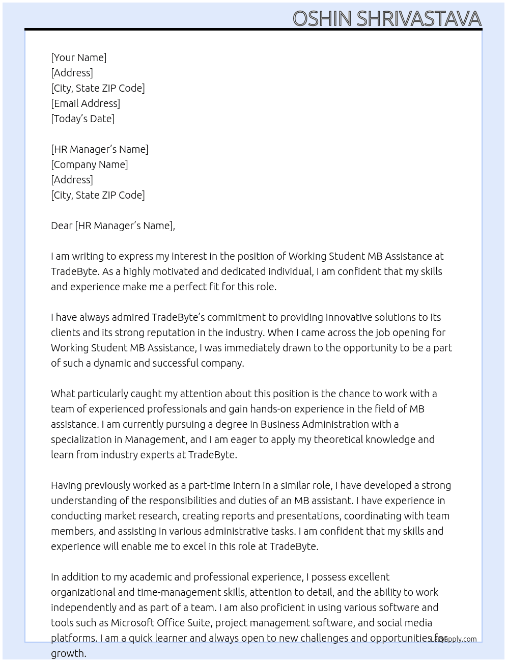 WORKING STUDENT MB ASSISTANCE At TradeByte Cover Letter