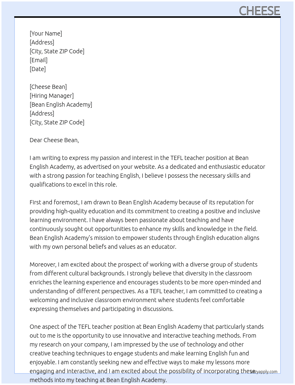 TEFL teacher At bean Cover Letter