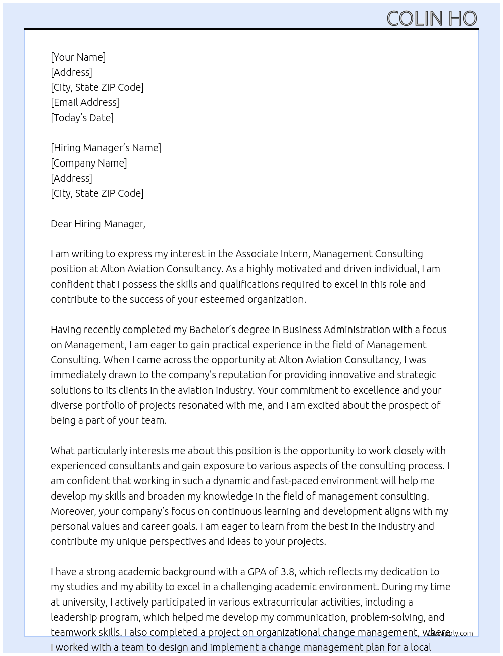 Associate Intern, Management Consulting At Alton Aviation Consultancy Cover Letter