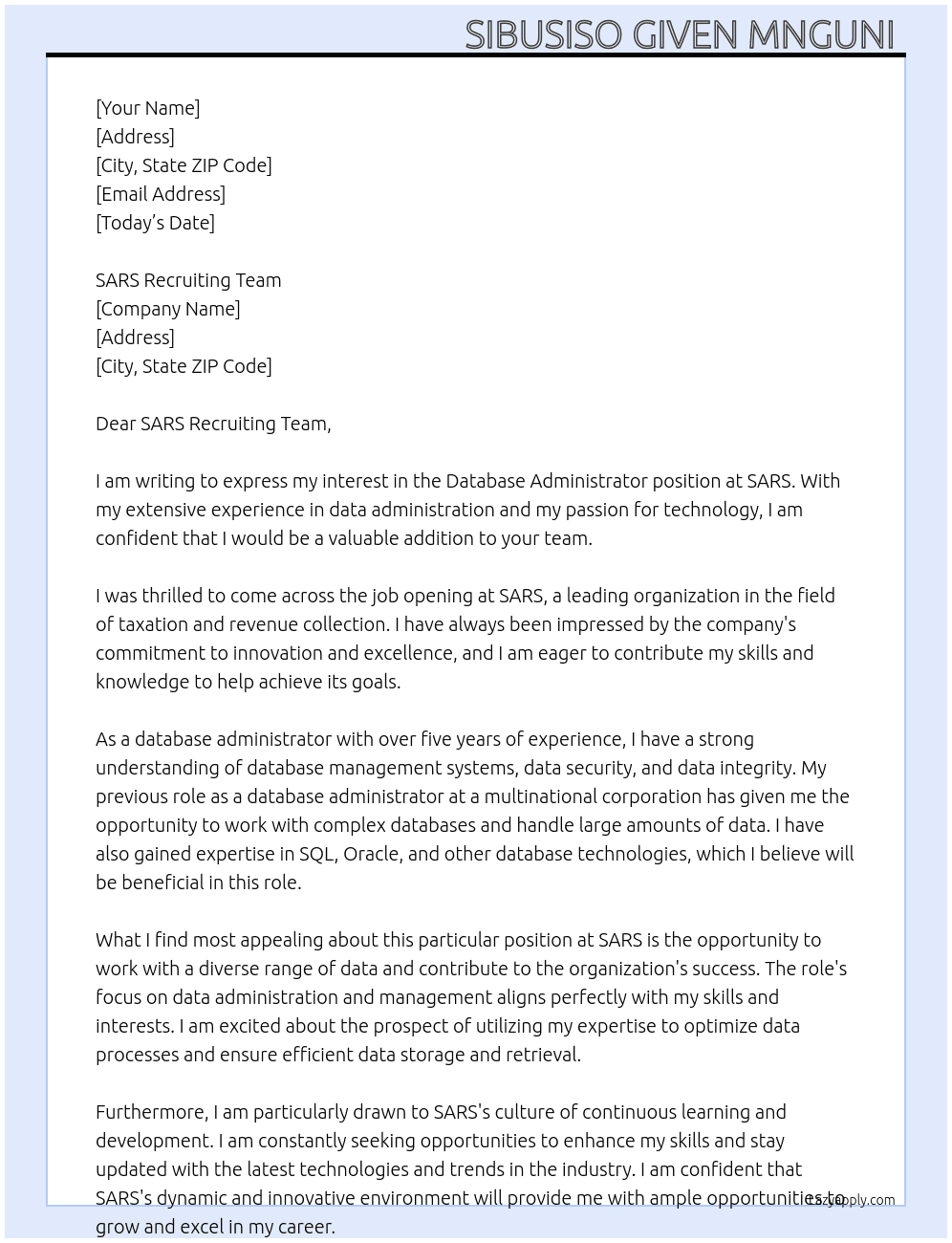Database administrator At SARS  Cover Letter