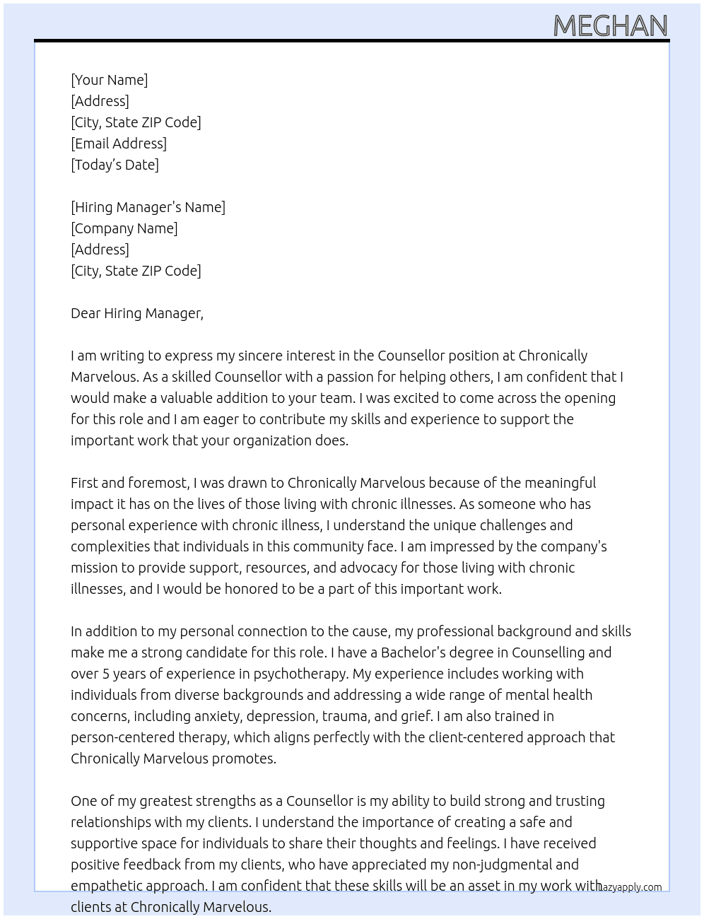 Counsellor  At Chronically Marvelous Cover Letter
