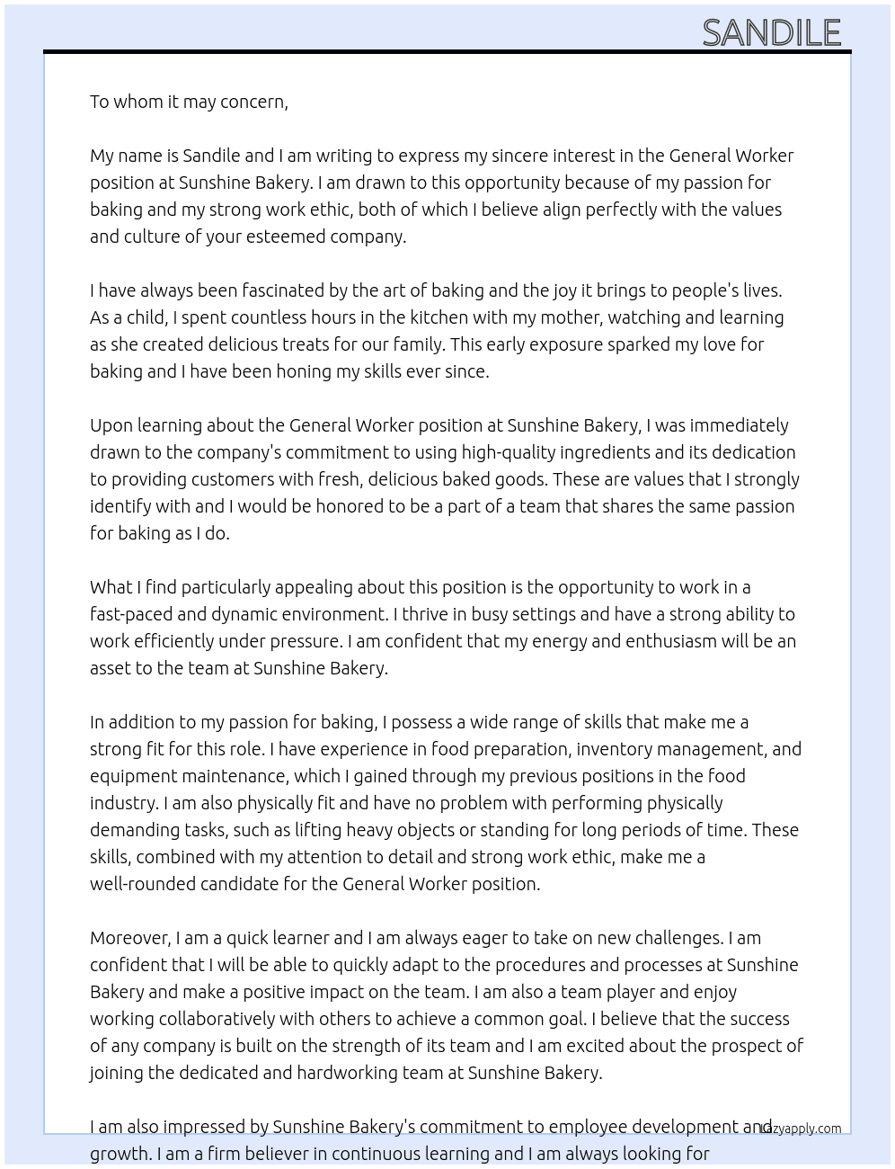 General Worker  At Sunshine Bakery  Cover Letter