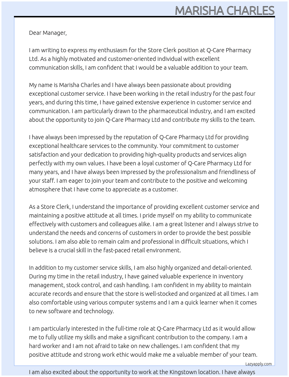Store clerk At Q-Care Pharmacy Ltd Cover Letter