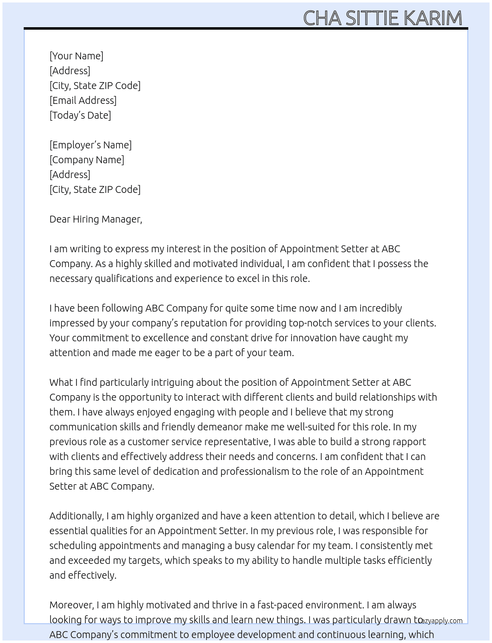 appointment setter  At abc company Cover Letter