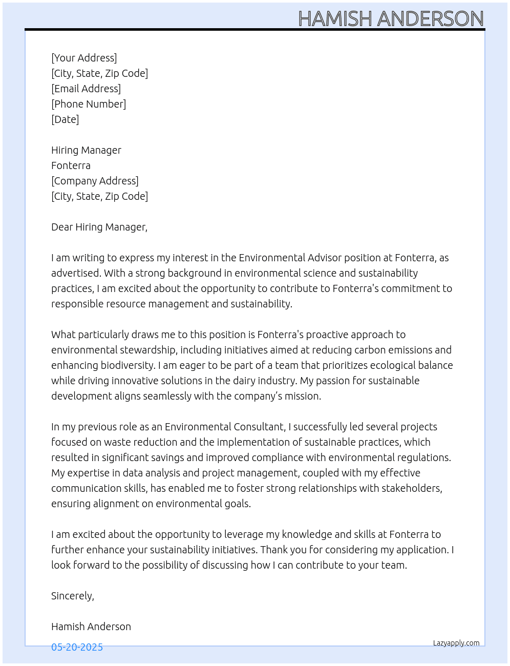 Cover letter for environmental advisor - LazyApply