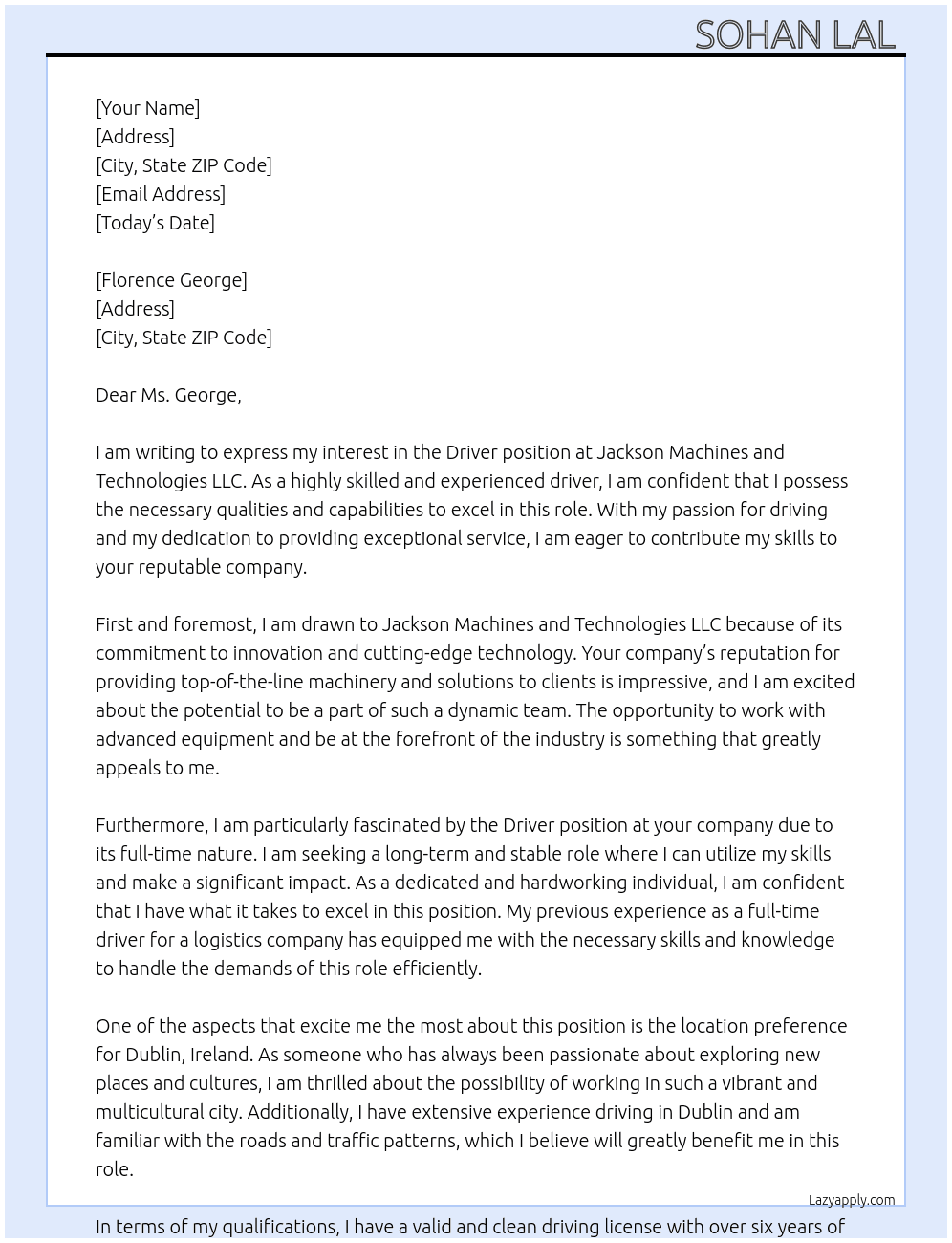 Driver  At Jackson Machines and Technologies LLC Cover Letter