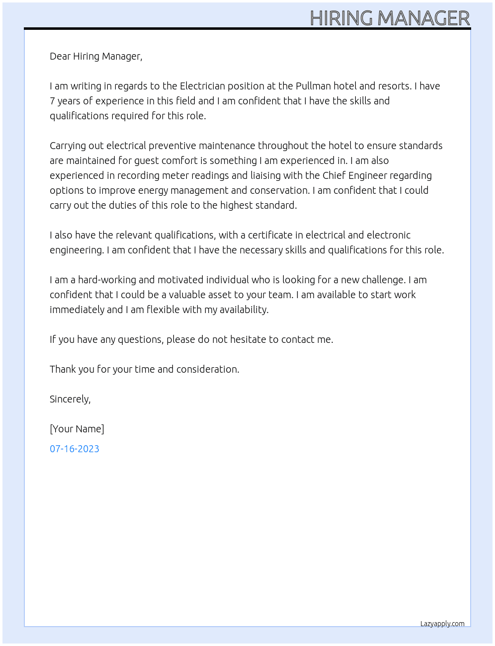 Electrician  At Pullman hotel and resorts Cover Letter