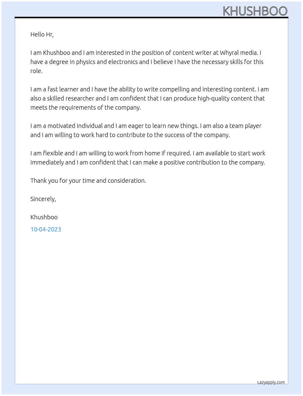 Content writer  At Whyral media  Cover Letter