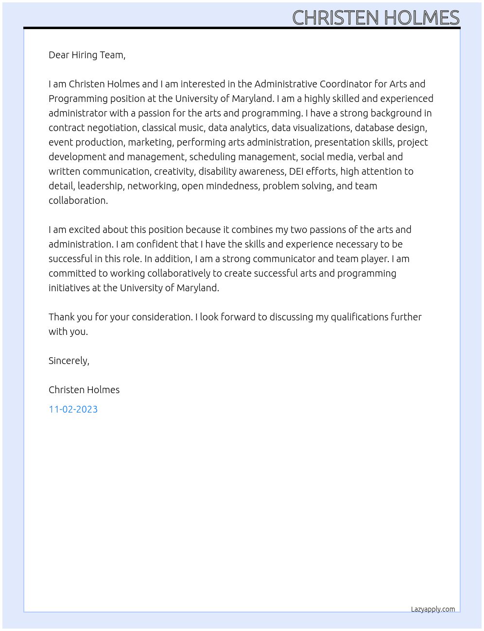 Administrative Coordinator for Arts and Programming At University of Maryland Cover Letter