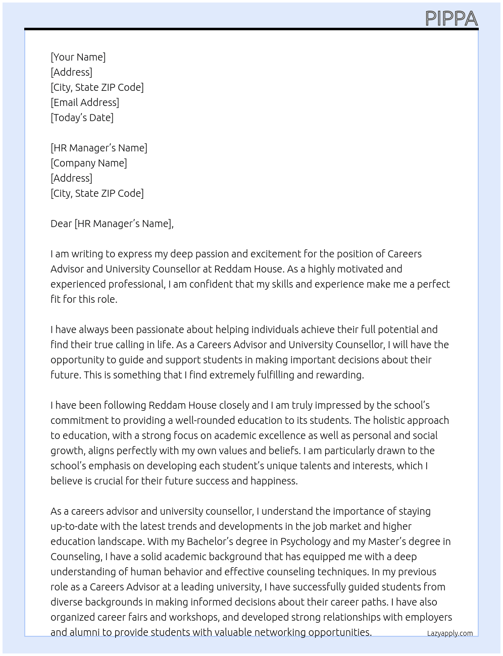 Careers Advisor and University Counsellor At Reddam House Cover Letter
