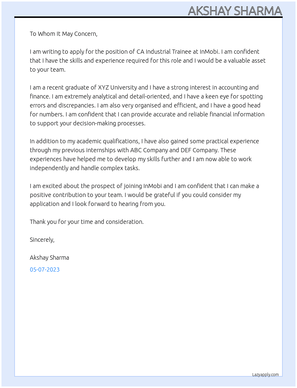 CA Industrial Trainee At InMobi Cover Letter
