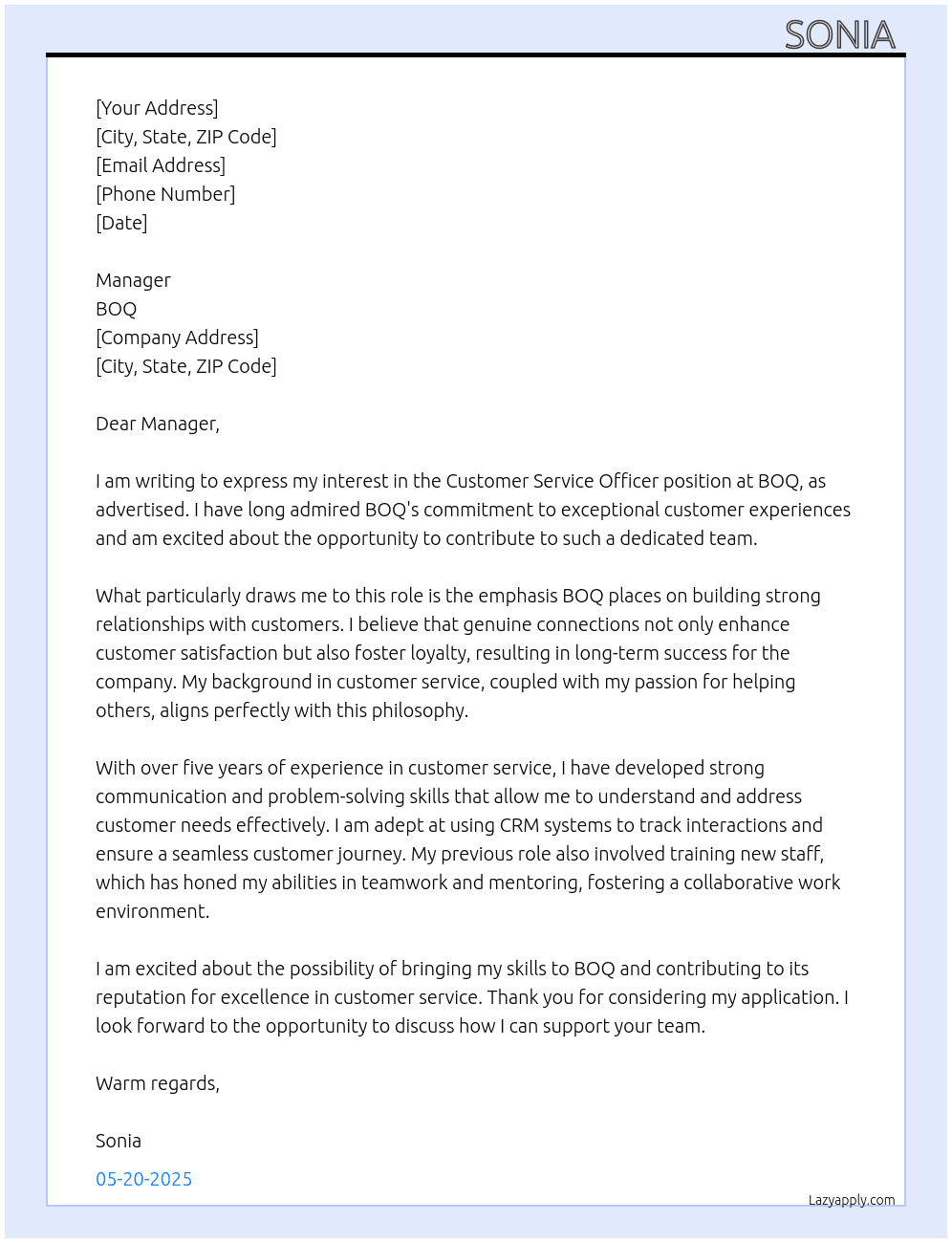 Customer service officer  At BOQ Cover Letter