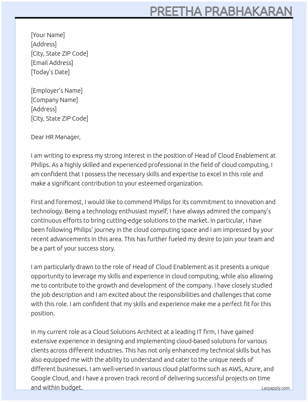 Head of Cloud Enablement At Philips Cover Letter