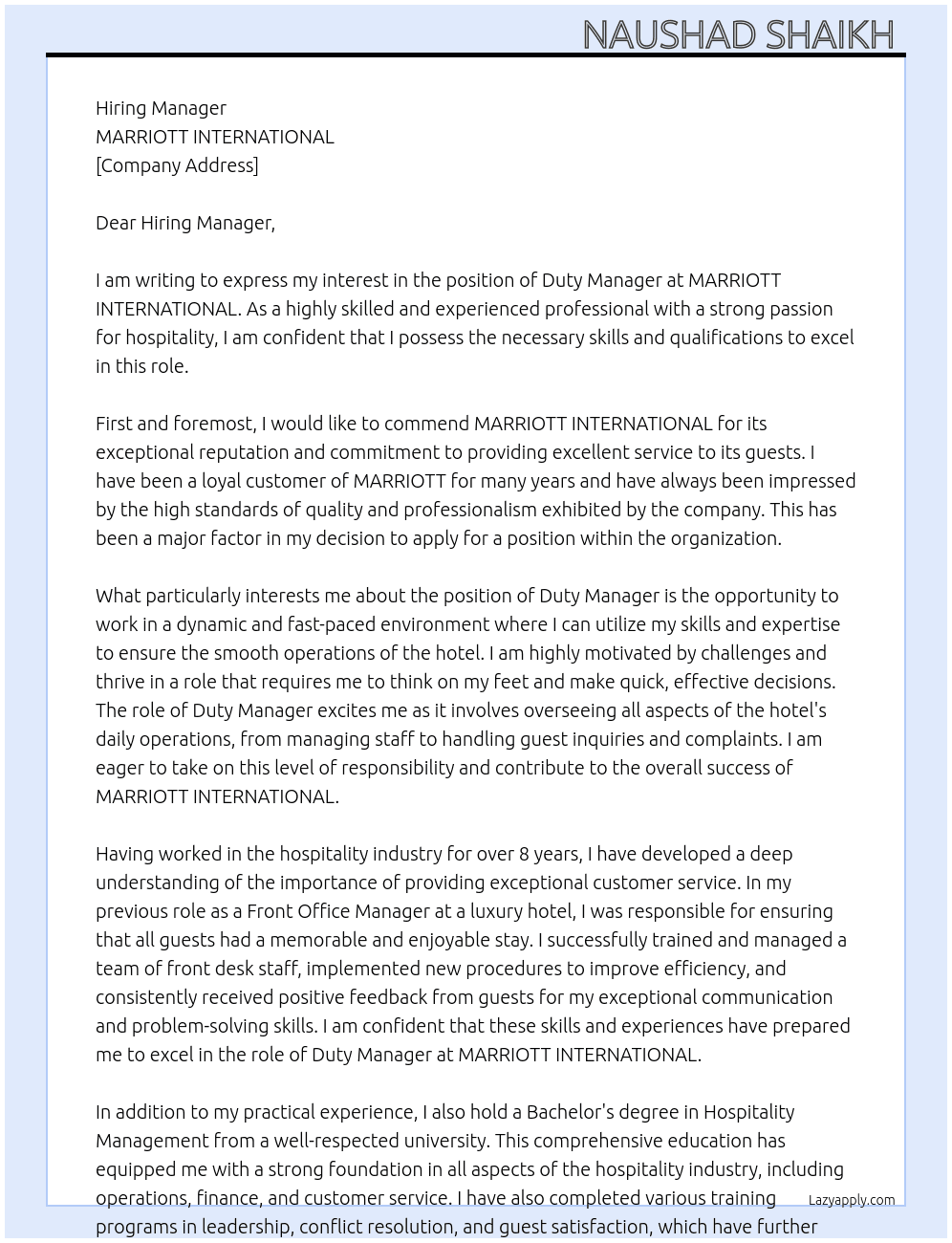 Duty Manager At MARRIOTT INTERNATIONAL Cover Letter