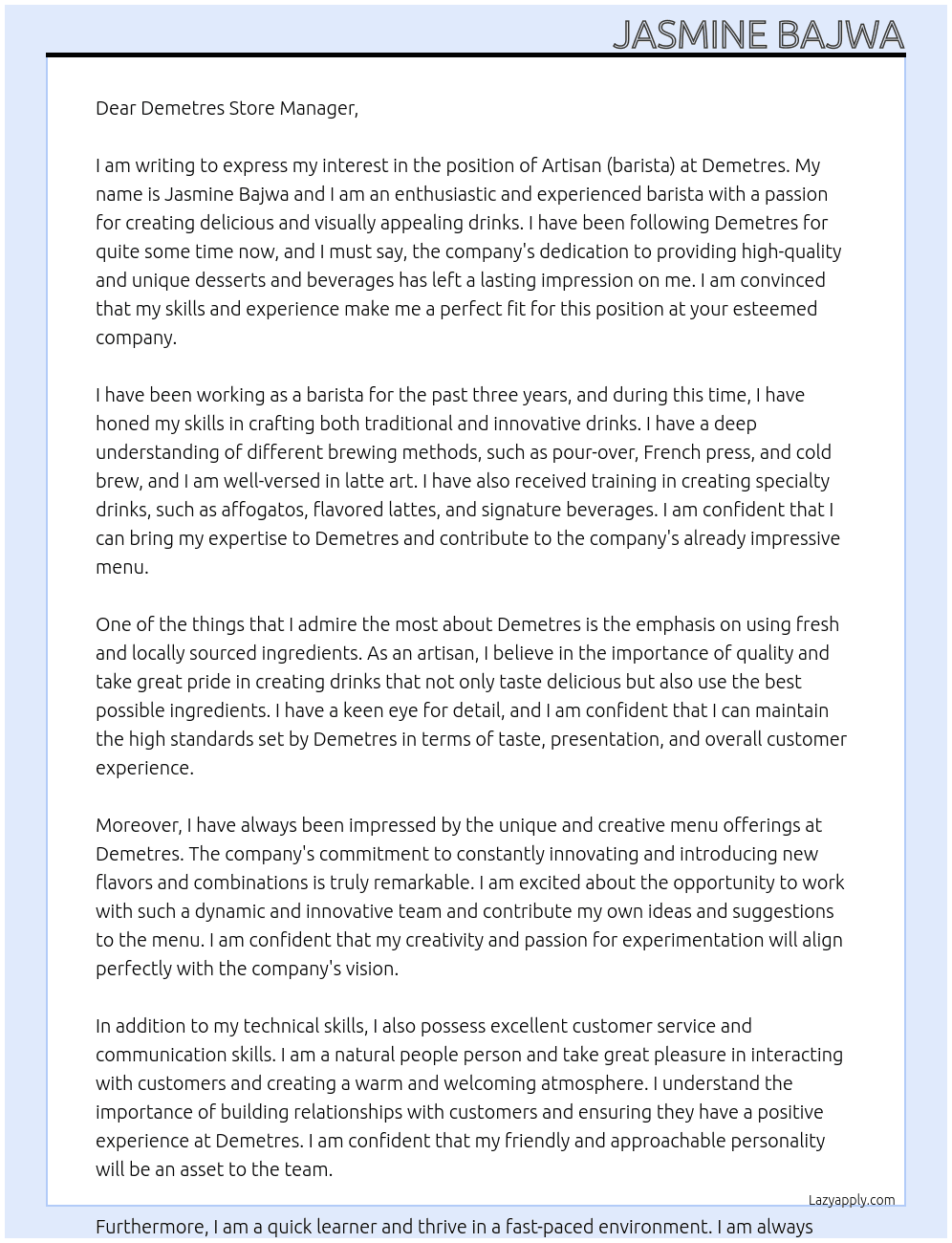 Artisan (barista) At Demetres Cover Letter