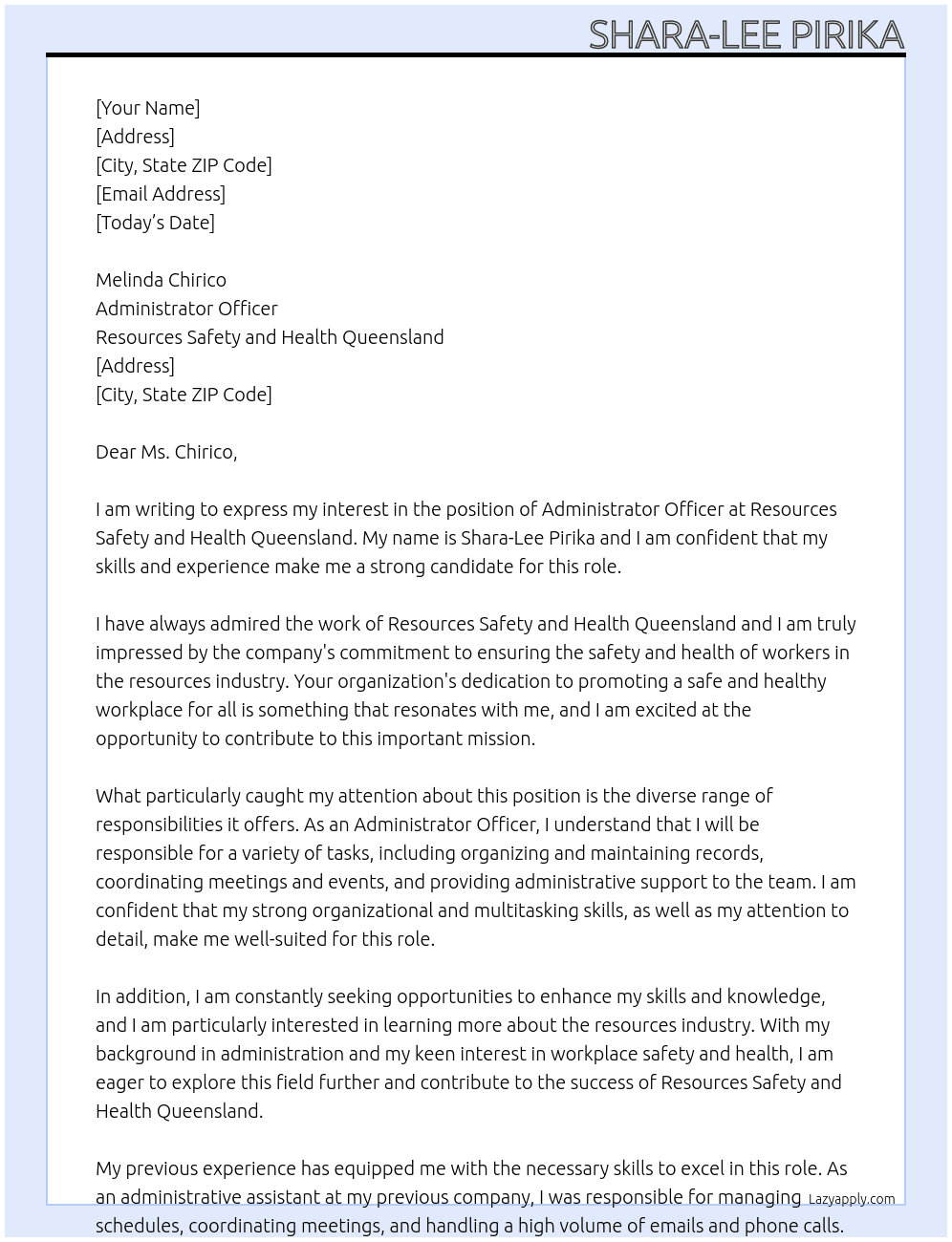 Administrator Officer At Resources Safety and Health Queensland Cover Letter