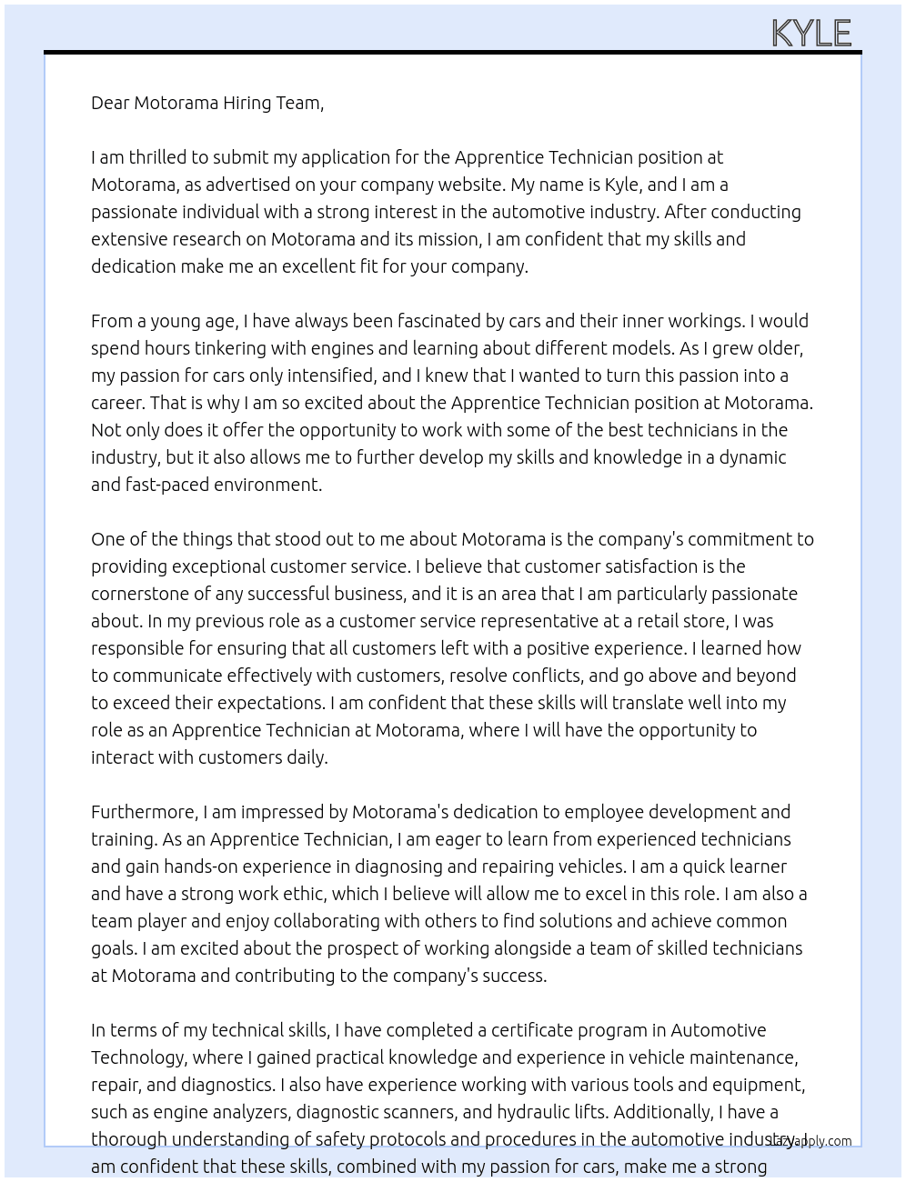 Apprentice Technician At Motorama Cover Letter