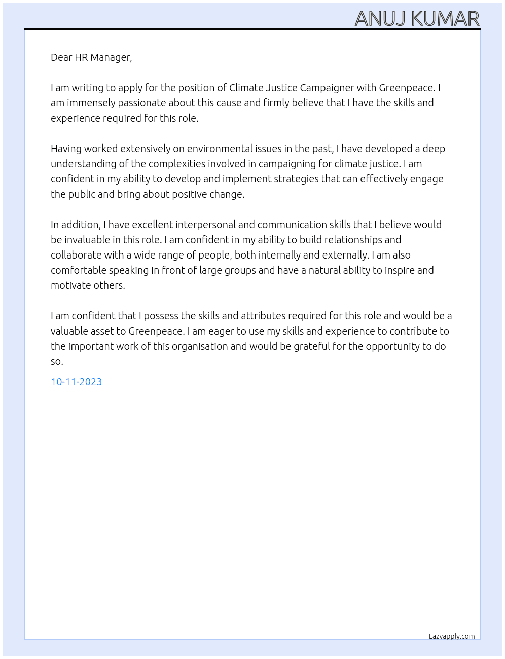 Climate Justice Campaigner At Greenpeace Cover Letter