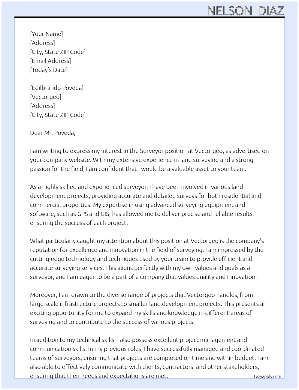 Surveyor At Vectorgeo Cover Letter