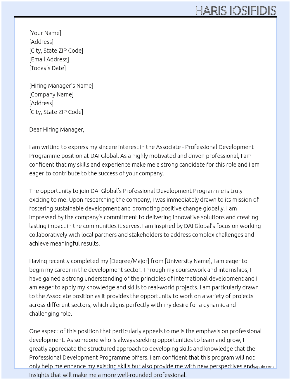 Associate - Professional Development Programme  At DAI Global Cover Letter