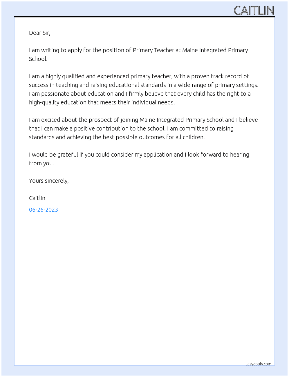Primary Teacher At Maine Integrated Primary School Cover Letter