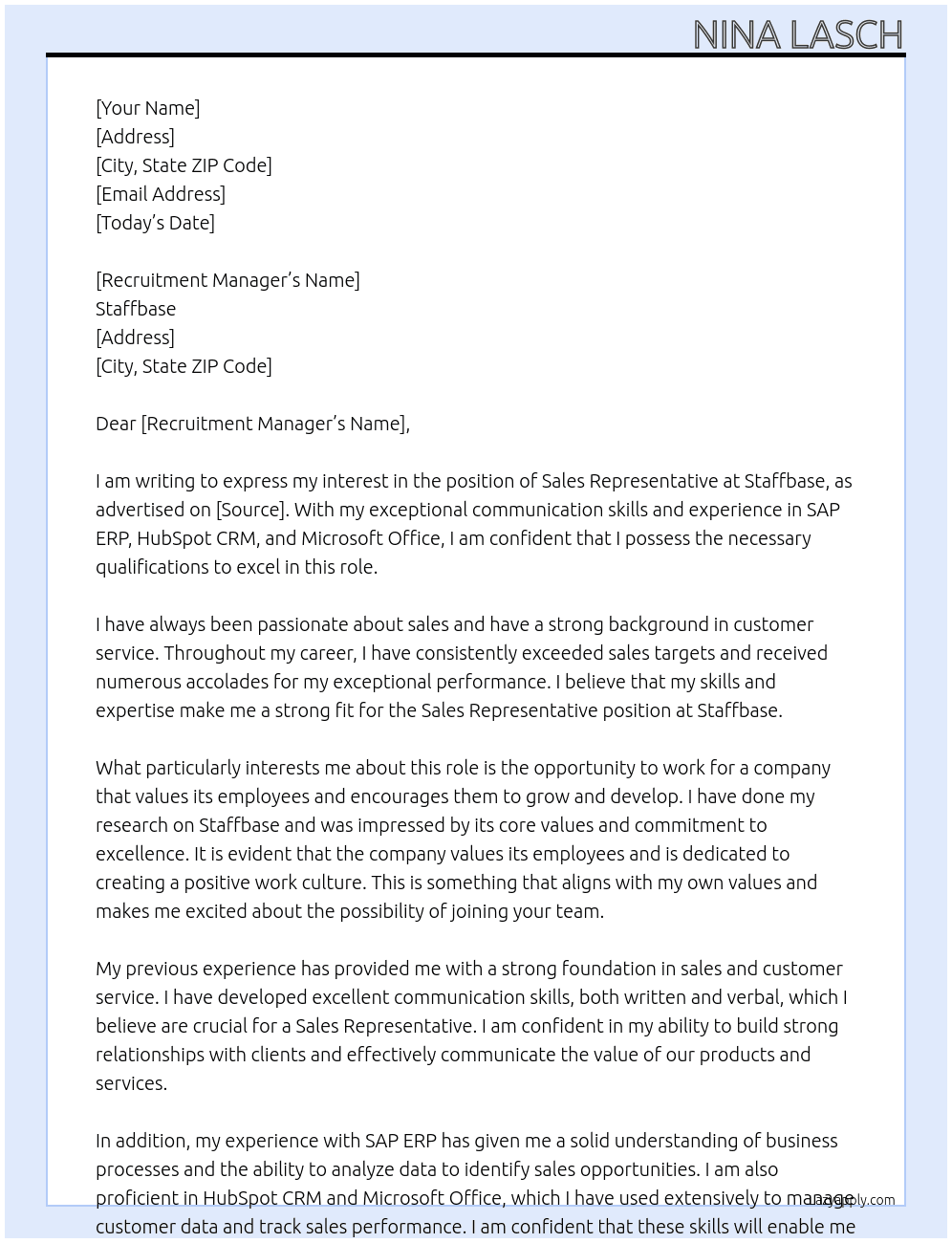 Sales Representative  At Staffbase Cover Letter