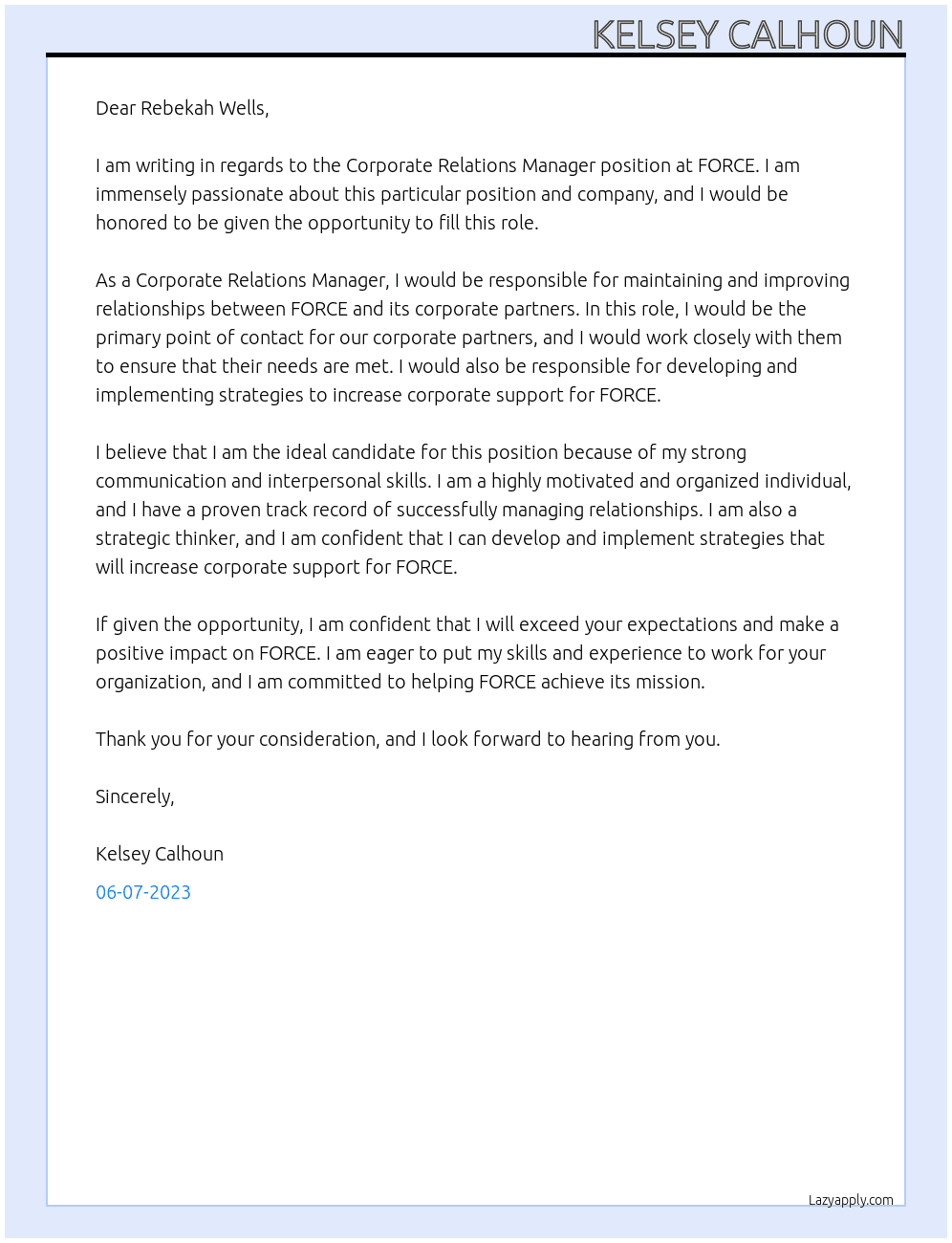 Corporate Relations Manager At FORCE Cover Letter