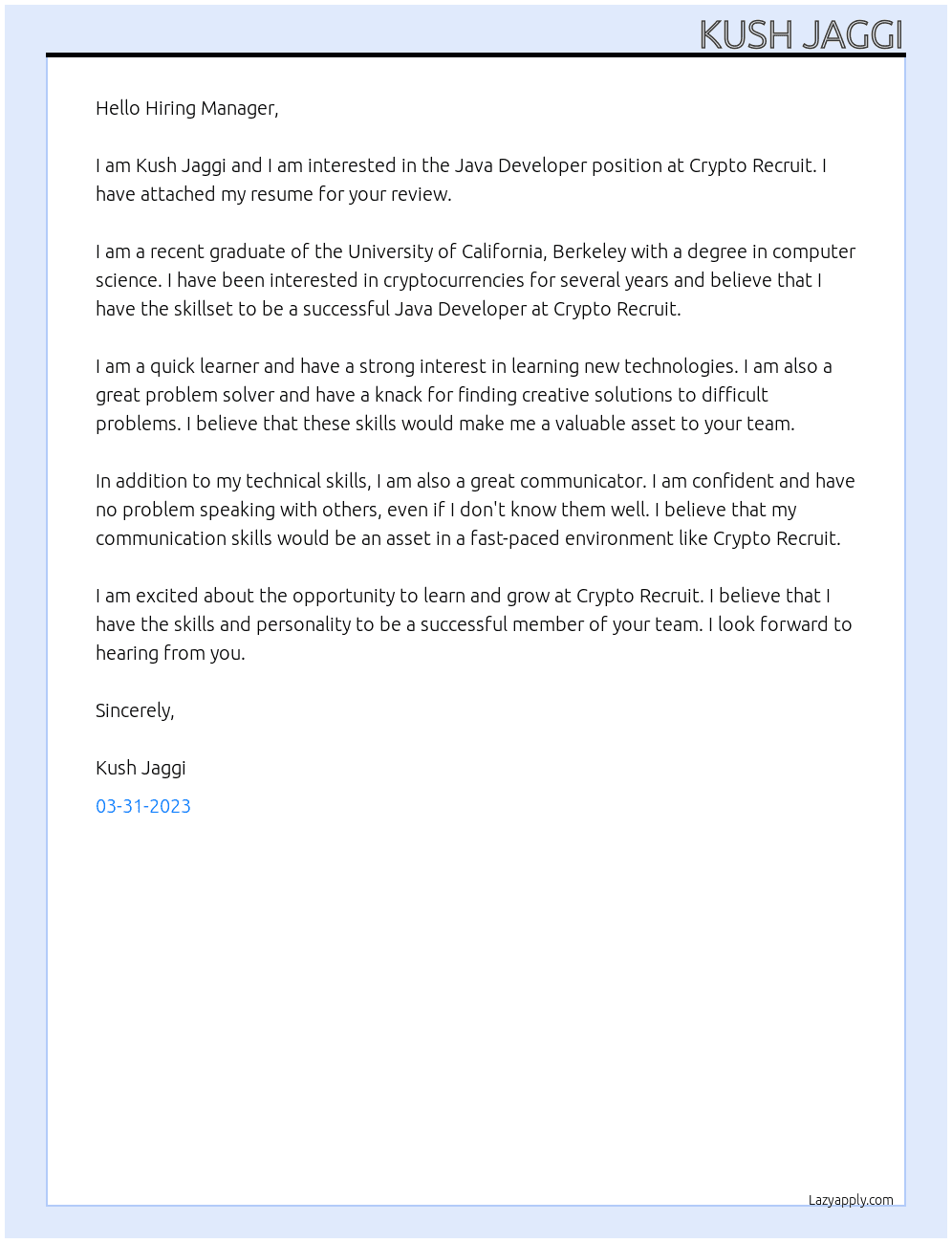 Java Developer At Crypto Recruit Cover Letter