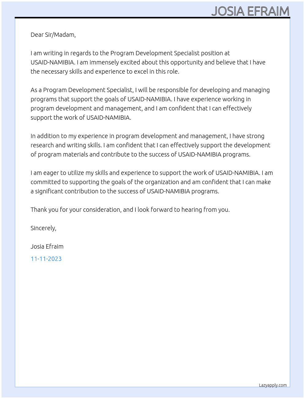 Program Development Specialist  At USAID-NAMIBIA  Cover Letter