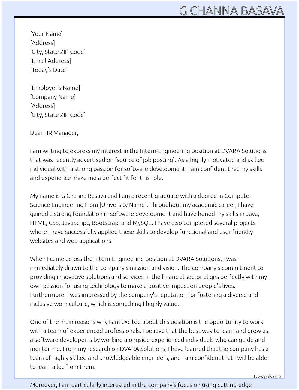 Intern-Engineering At DVARA Solutions Cover Letter