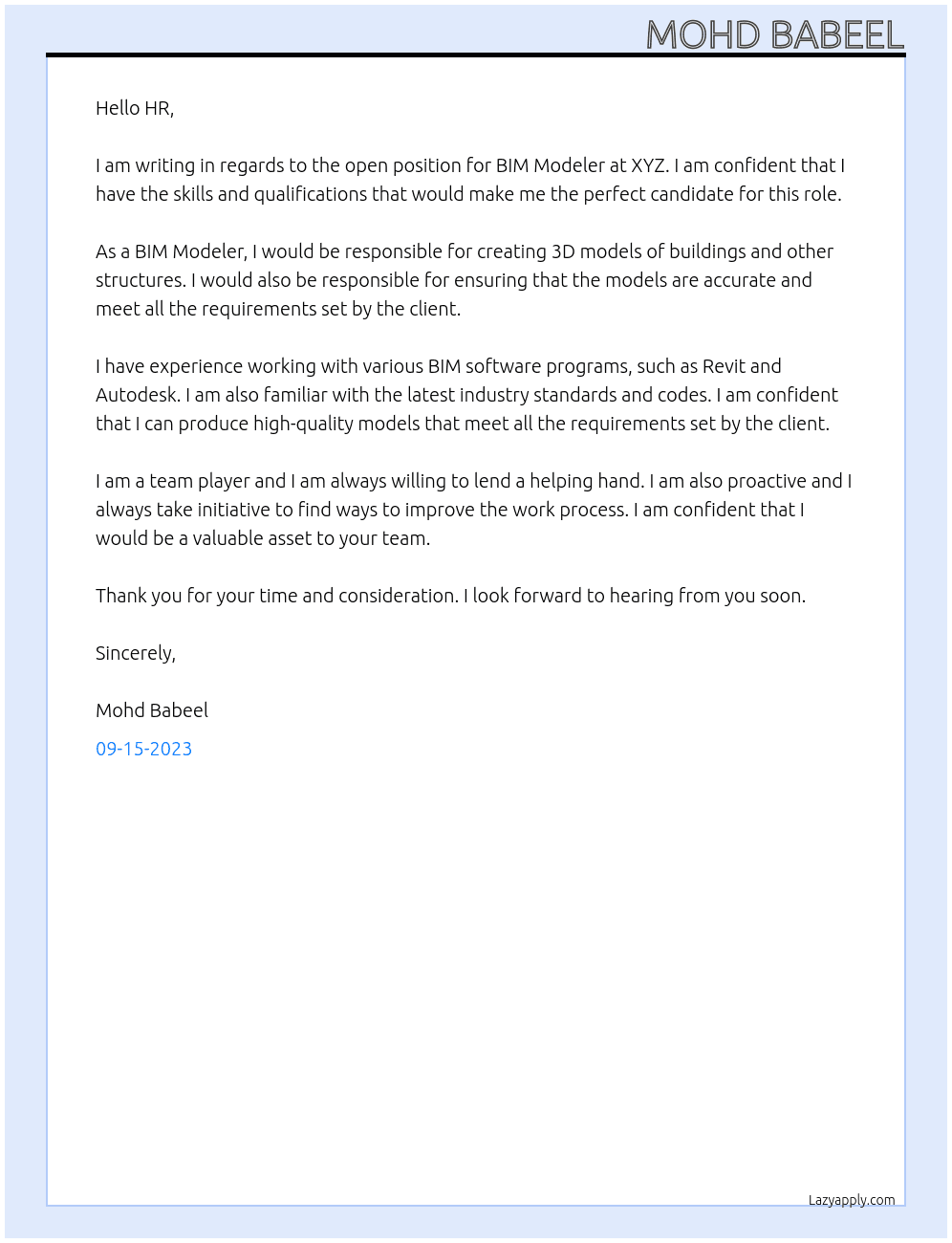bim modeler At xyz Cover Letter