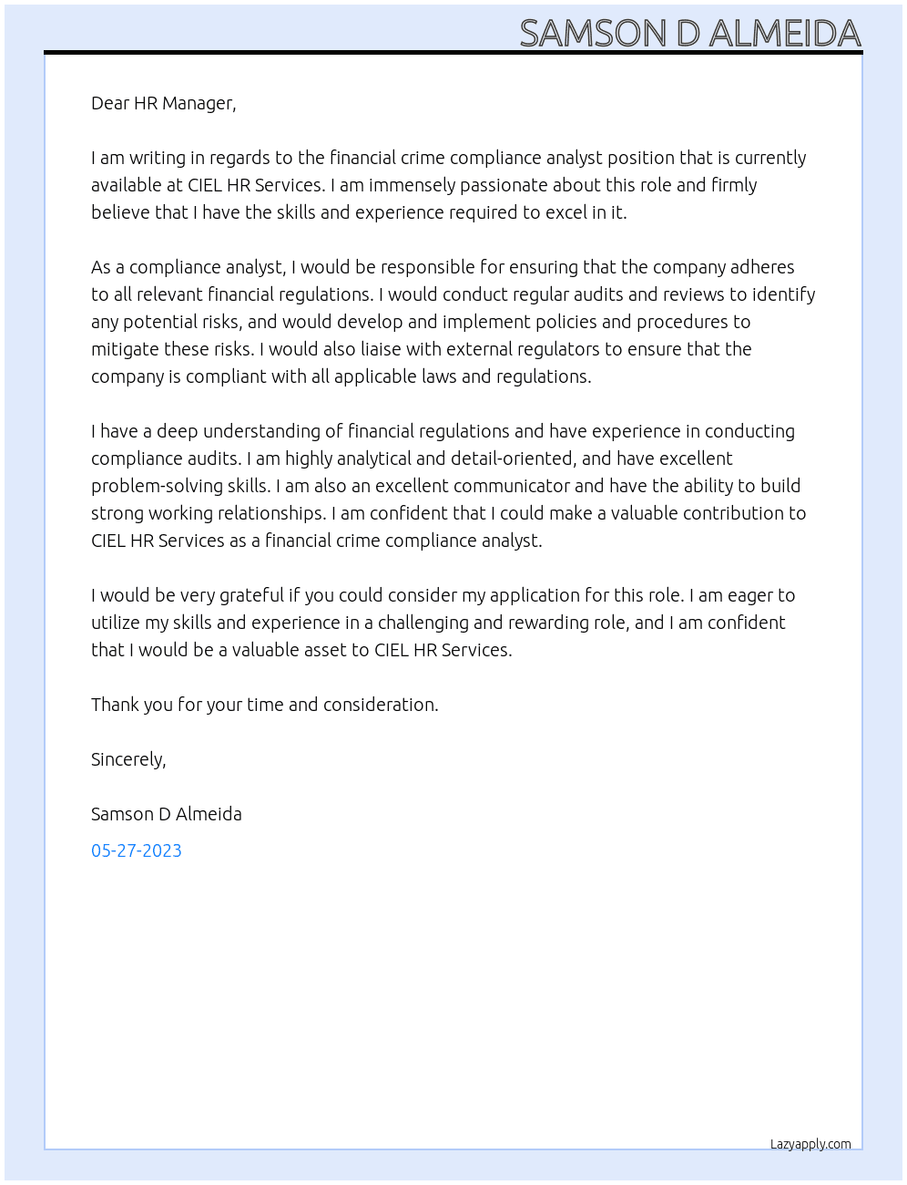  Financial crime compliance Analyst At CIEL HR Services Cover Letter