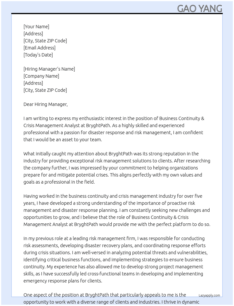 Business Continuity & Crisis Management Analyst At BryghtPath Cover Letter