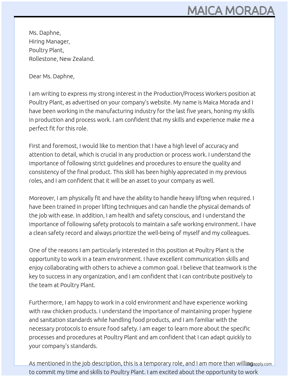 PRODUCTION/PROCESS WORKERS At Poultry Plant Cover Letter