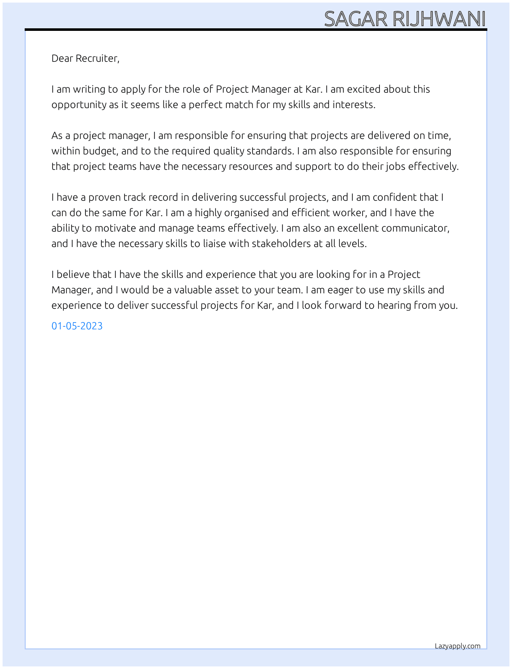 Project Manager  At Kar Cover Letter