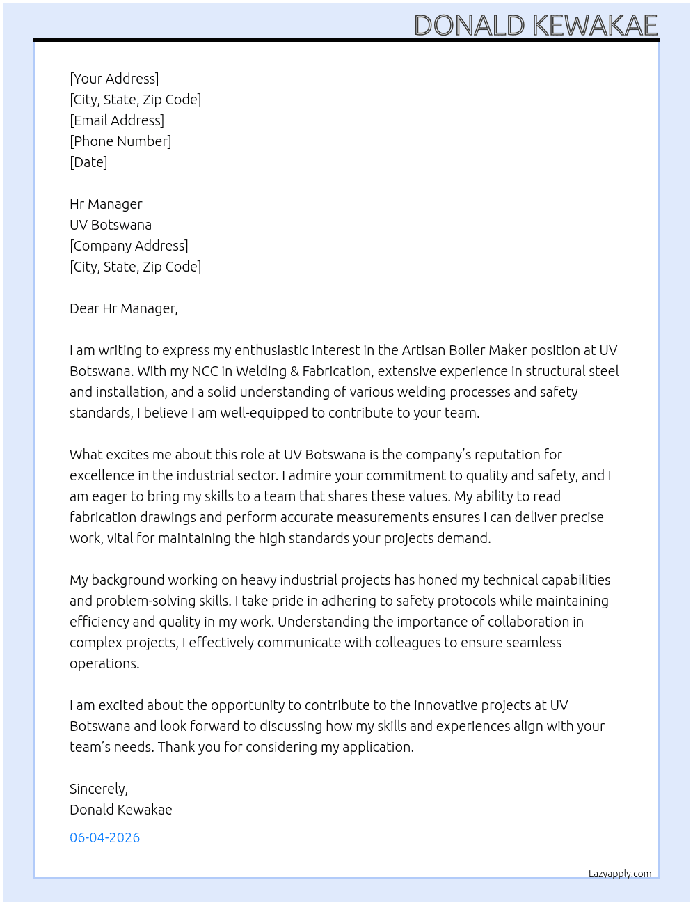 Artisan Boilermaiker At UV Botswana Cover Letter
