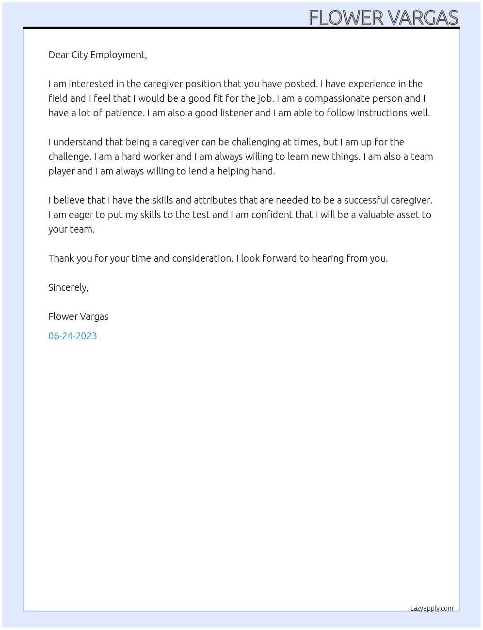 Caregiver  At City employment  Cover Letter