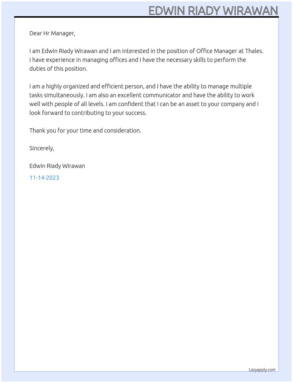 Office Manager At Thales Cover Letter