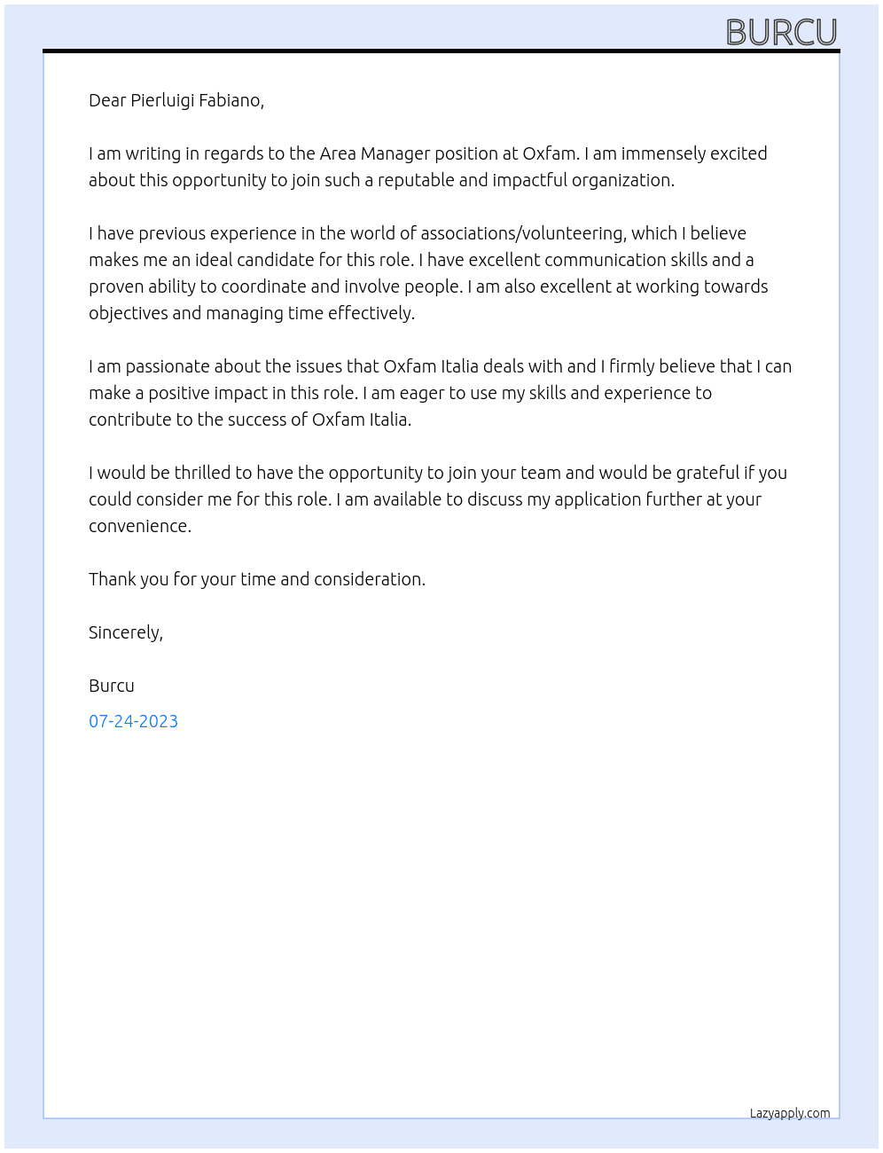 area manager At oxfam Cover Letter