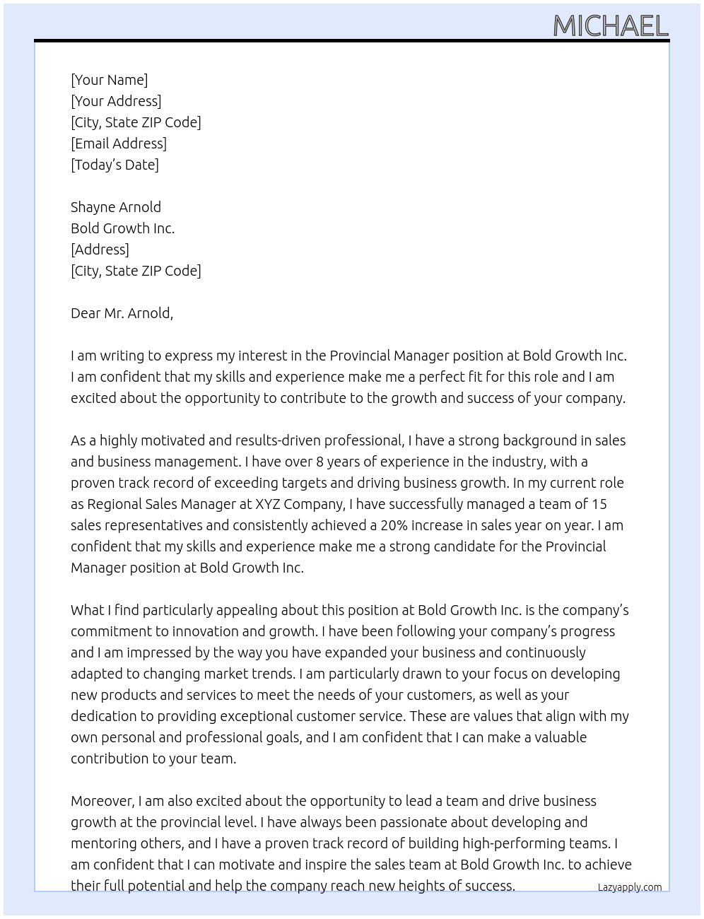 Provincial Manager At Bold Growth Inc. Cover Letter