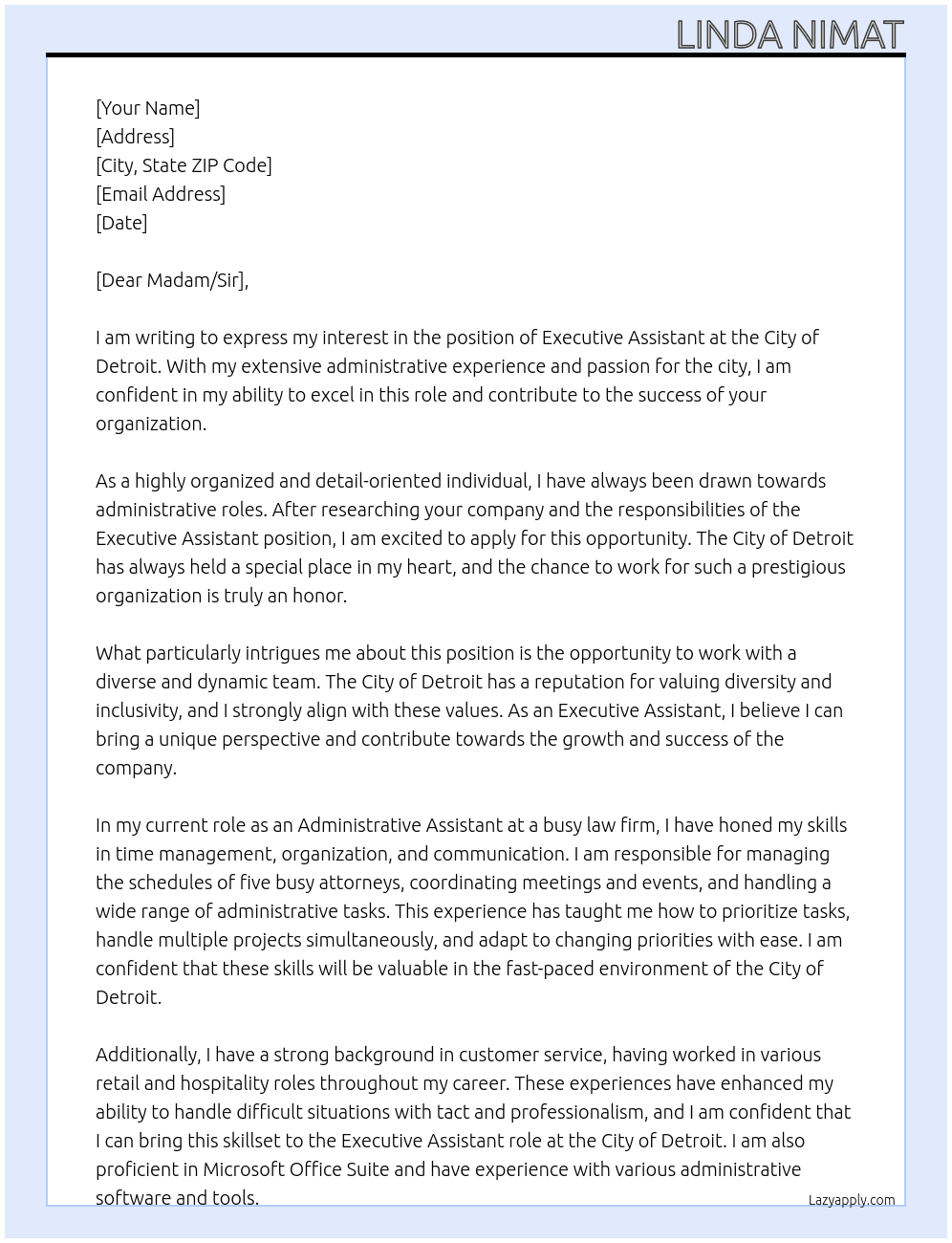 executive assistent At city of ddetroit Cover Letter