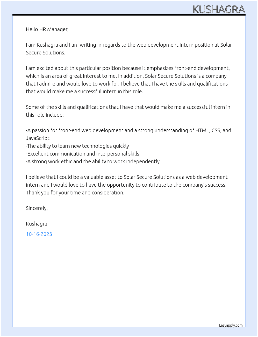 Web Development Intern At Solar Secure Solutions Cover Letter