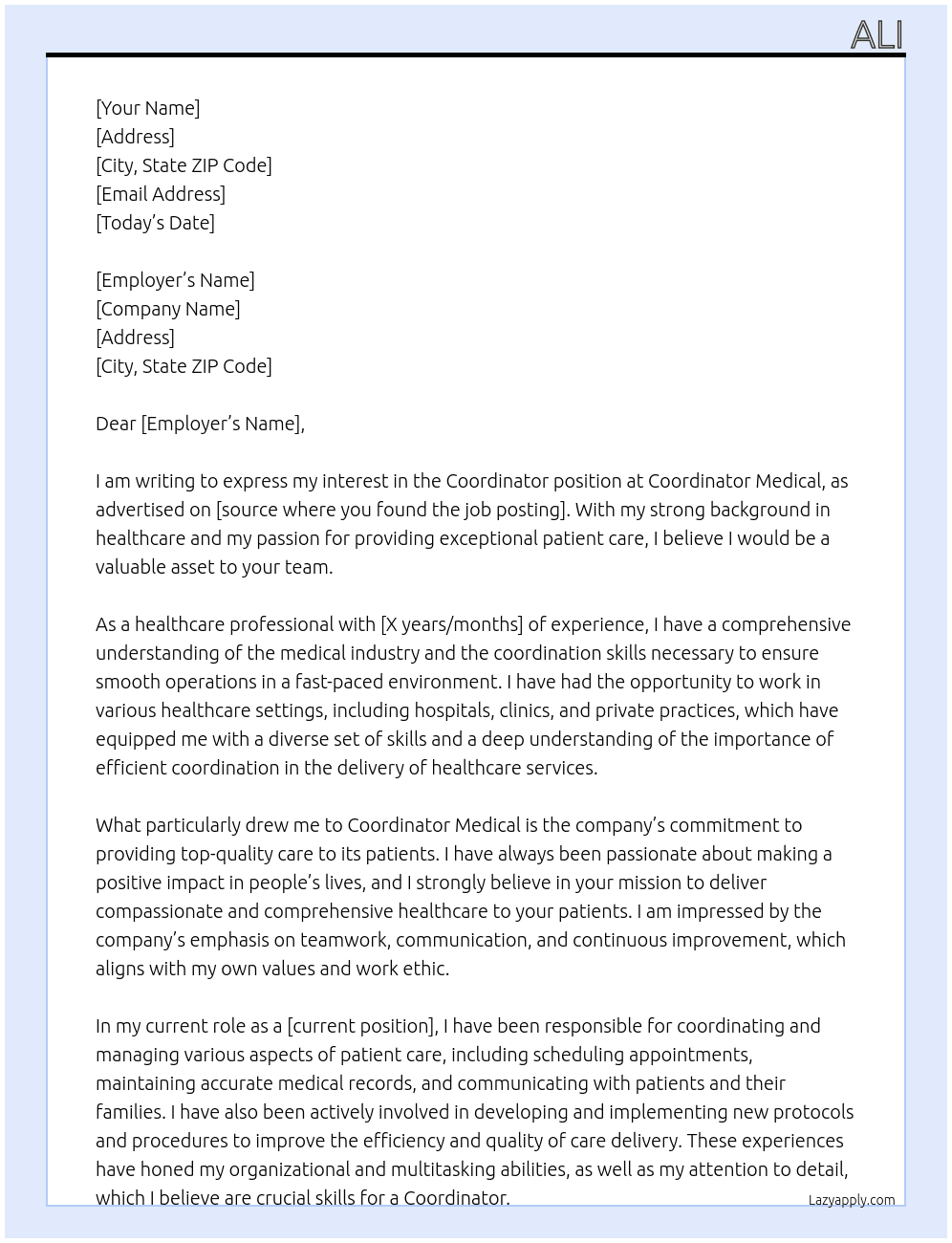 Coordinator  At Coordinator medical  Cover Letter
