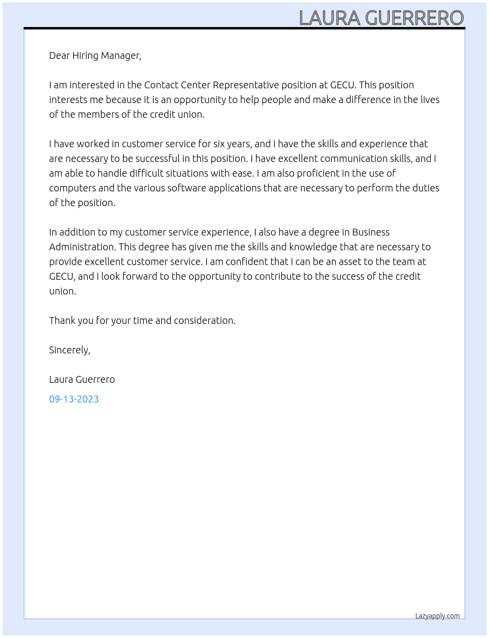 Contact Center Representative At GECU Cover Letter