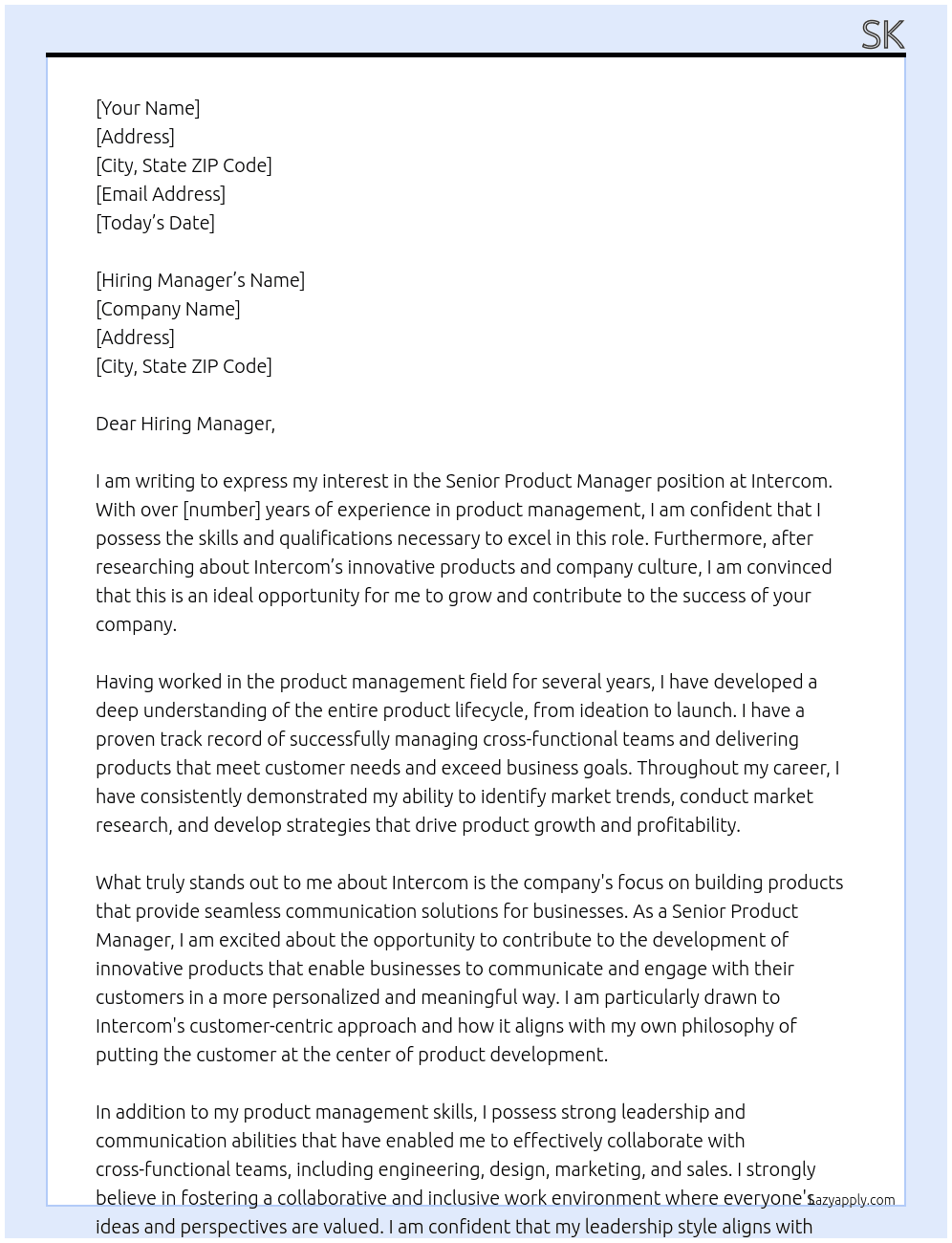 Senior Product Manager At Intercom Cover Letter
